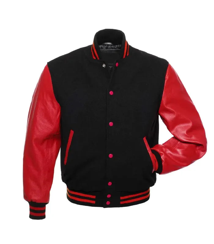 Front pose view of a black wool varsity jacket with red leather sleeves and red snap buttons, showing one hand inserted in the pocket.