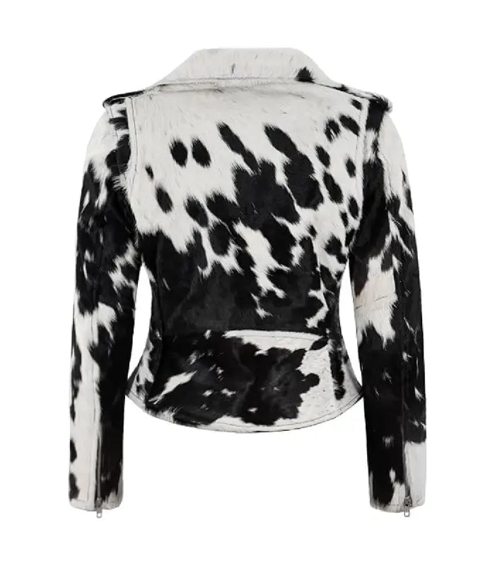 Rear view of Black and White Cowhide Leather Biker Jacket showing back paneling and natural fur print.