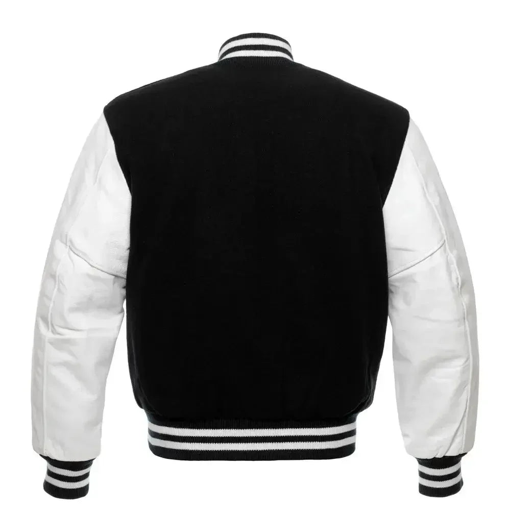 Black varsity baseball jacket back view with contrast white sleeves and striped waistband in classic letterman style.
