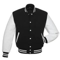Black and white varsity jacket front view with classic snap buttons, striped ribbed trims, and contrast sleeves.