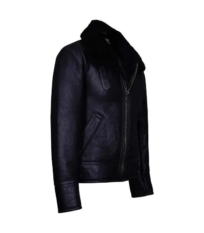 Three-quarter side angle view of a Black Leather Bomber Shearling Aviator Jacket displaying textured black leather finish, waist seams, and slant welt pockets.
