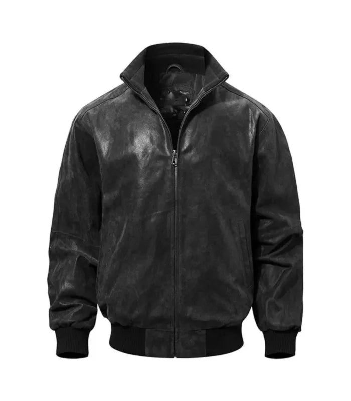 Front view of Black Flight Leather Bomber Jacket featuring zip closure, stand collar, side welt pockets, and ribbed hem.