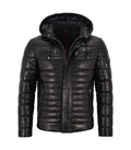 Front view of a Black Hooded Leather Puffer Jacket featuring horizontal quilted padding, dual zipper chest pockets, lower hand pockets, and attached drawstring hood.