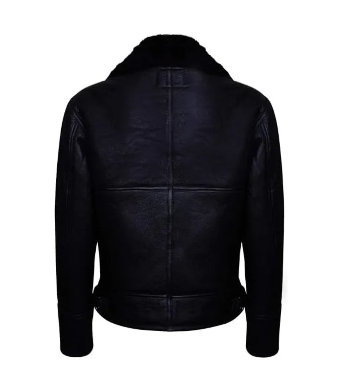 Rear view of a Black Leather Bomber Shearling Aviator Jacket featuring structured seam paneling and adjustable waist buckle straps.