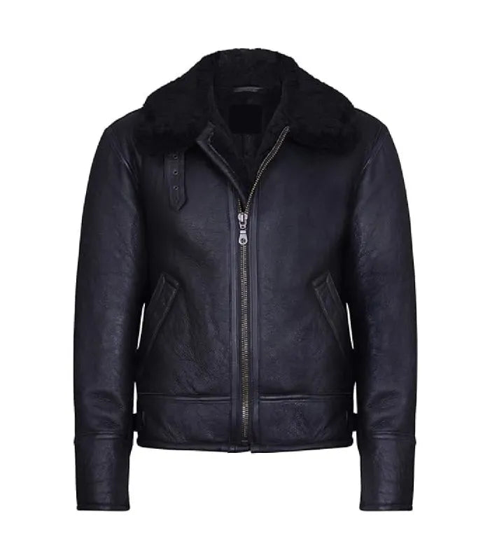 Front view of a Black Leather Bomber Shearling Aviator Jacket featuring a black fleece collar, throat latch, zip closure, and side slant pockets.