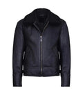 Front view of a Black Leather Bomber Shearling Aviator Jacket featuring a black fleece collar, throat latch, zip closure, and side slant pockets.