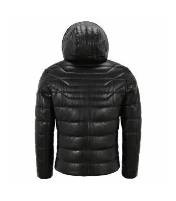 Rear view of a Black Hooded Leather Puffer Jacket showing horizontal quilted panels, shoulder seam detailing, and a full leather hood.