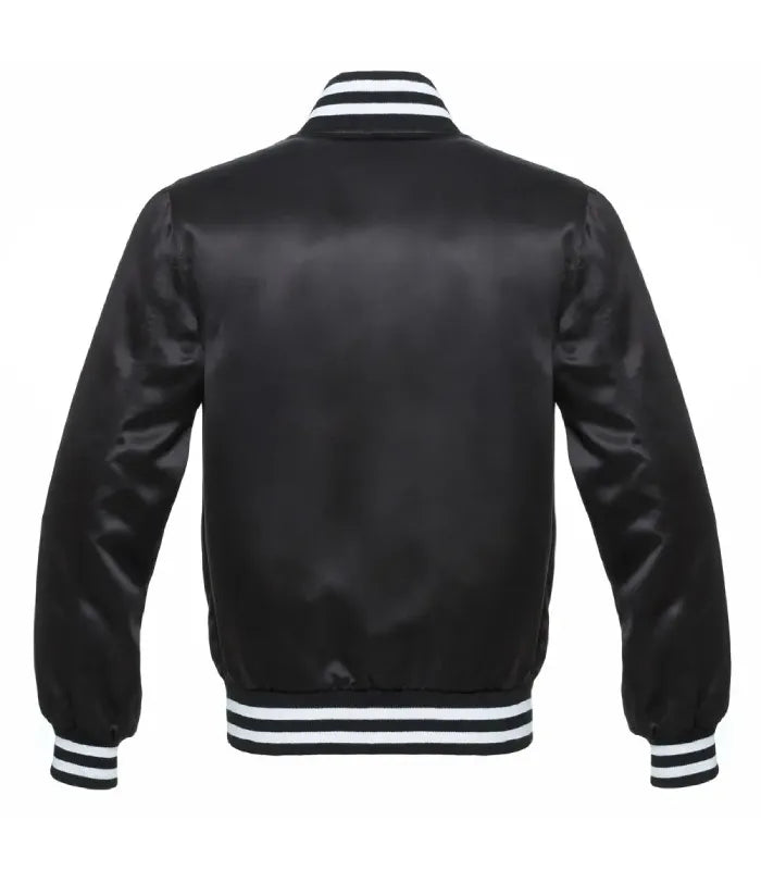 Rear view of a black satin varsity jacket showcasing smooth satiny back finish with white striped rib-knit collar, cuffs, and hem waistband.