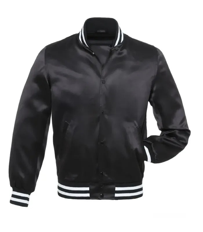 Front view of a black satin varsity jacket featuring snap-button closure, side welt pockets, and white striped rib-knit trims.