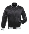 Front view of a black satin varsity jacket featuring snap-button closure, side welt pockets, and white striped rib-knit trims.