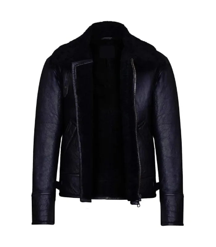 Open front view of a Black Leather Bomber Shearling Aviator Jacket showing full interior black shearling lining.