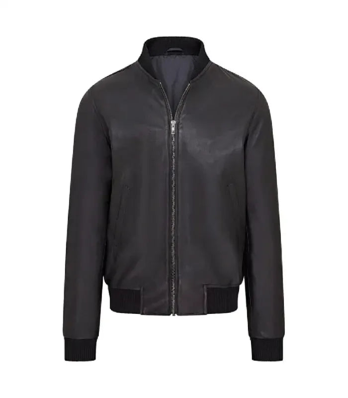 Direct front view of a black varsity bomber jacket featuring full zip closure, side welt pockets, and ribbed cuffs and hem.