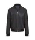 Direct front view of a black varsity bomber jacket featuring full zip closure, side welt pockets, and ribbed cuffs and hem.