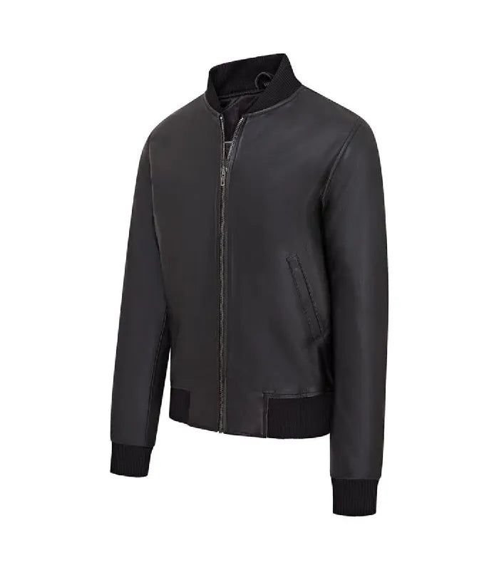 Angled front profile highlighting side pocket welt detail, ribbed stand-up collar, and sleeve cuff fit on a black varsity bomber jacket.
