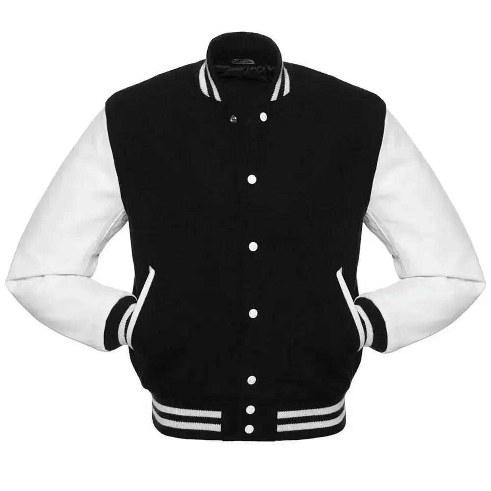 Black and white letterman jacket front view styled as a traditional baseball jacket with ribbed collar and cuffs.