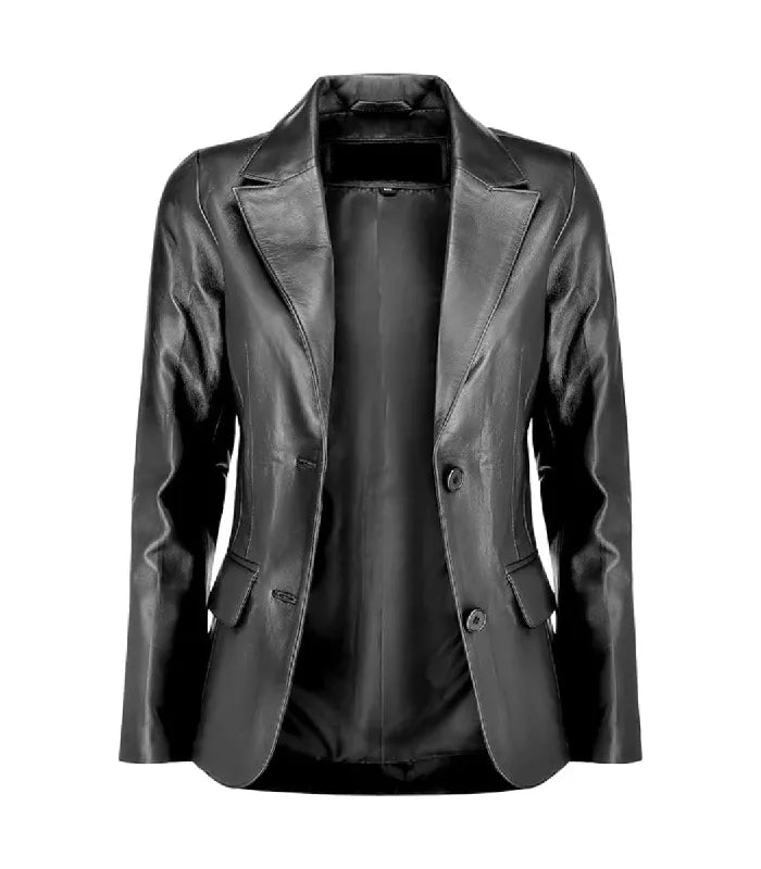 Front open view of a Womens Black Leather Blazer revealing smooth color-matched inner viscose lining, notched collar, and flap pockets.