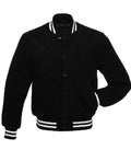 Straight front view of all black wool varsity jacket featuring white striped trim and side pockets.