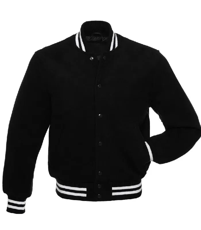Straight front view of all black wool varsity jacket featuring white striped trim and side pockets.