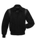 A black varsity-style jacket with black leather shoulder panels and side pockets, shown against a plain white background.