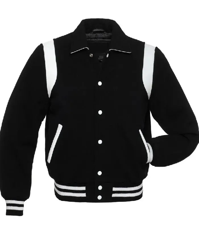 Straight front view of black wool varsity jacket featuring shirt collar, white snap buttons, and contrast shoulder trim.
