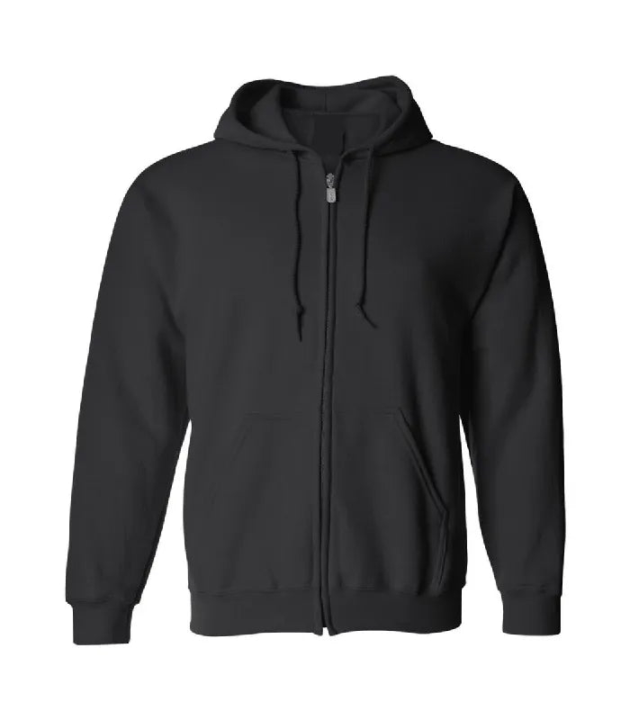 Front view of Black Zip Up Hoodie featuring a full zipper closure, matching drawstrings, split kangaroo pockets, and ribbed cuffs.