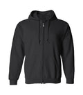 Front view of Black Zip Up Hoodie featuring a full zipper closure, matching drawstrings, split kangaroo pockets, and ribbed cuffs.