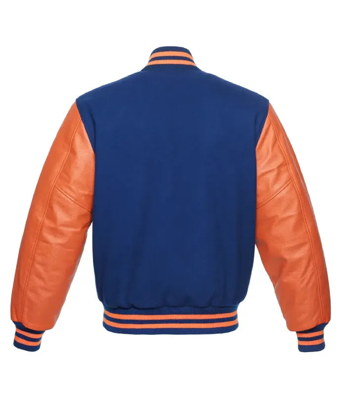 Full back profile of vibrant royal blue wool body with contrasting bright orange leather sleeves and striped knit ribbing.