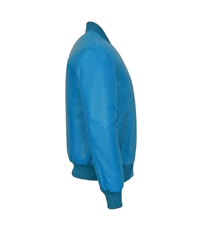 Side profile view of a vibrant blue leather bomber jacket showcasing sleeve stitching and matching ribbed cuff.
