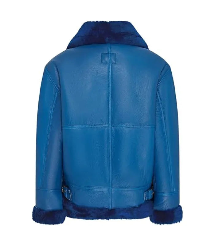 Rear view of a Blue Shearling Aviator Bomber Leather Jacket featuring cross-panel seam stitching, dark blue fleece hem trim, and adjustable side waist buckled straps.