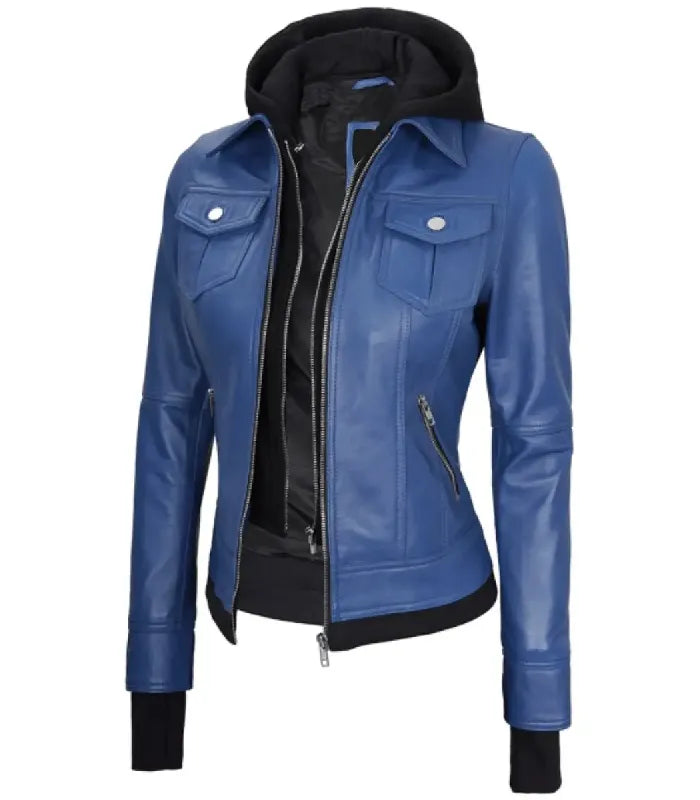 Three-quarter angle view of a women's blue hooded leather bomber jacket displaying layer-style inner zip and extended wrist cuffs.