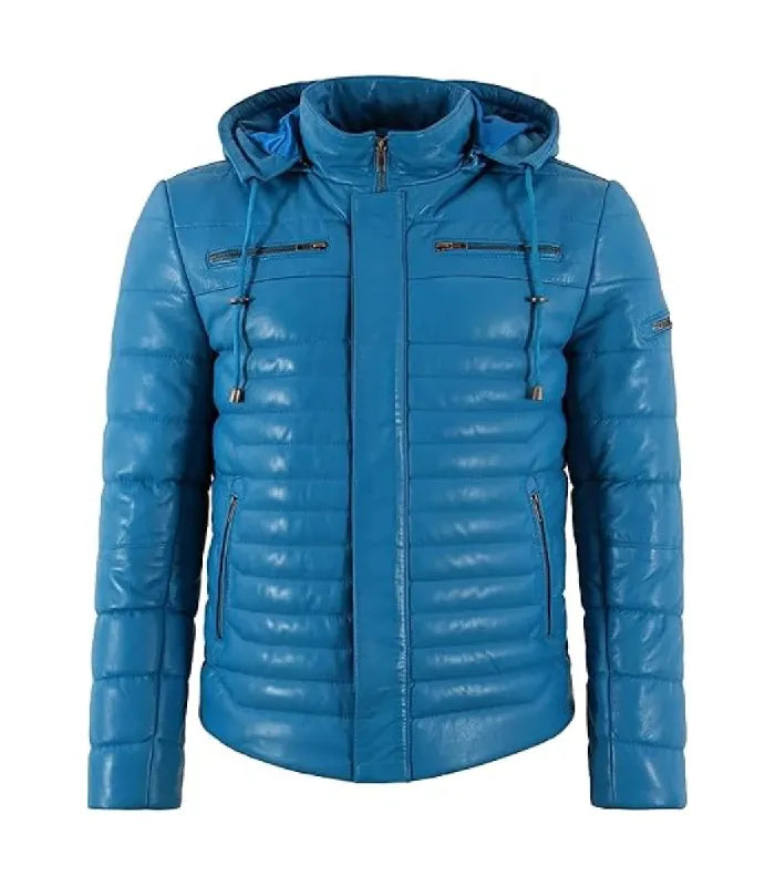 Front view of a Blue Hooded Leather Puffer Jacket with a full zip closure, protective placket, horizontal quilting, and zipper pockets.