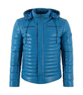 Front view of a Blue Hooded Leather Puffer Jacket with a full zip closure, protective placket, horizontal quilting, and zipper pockets.