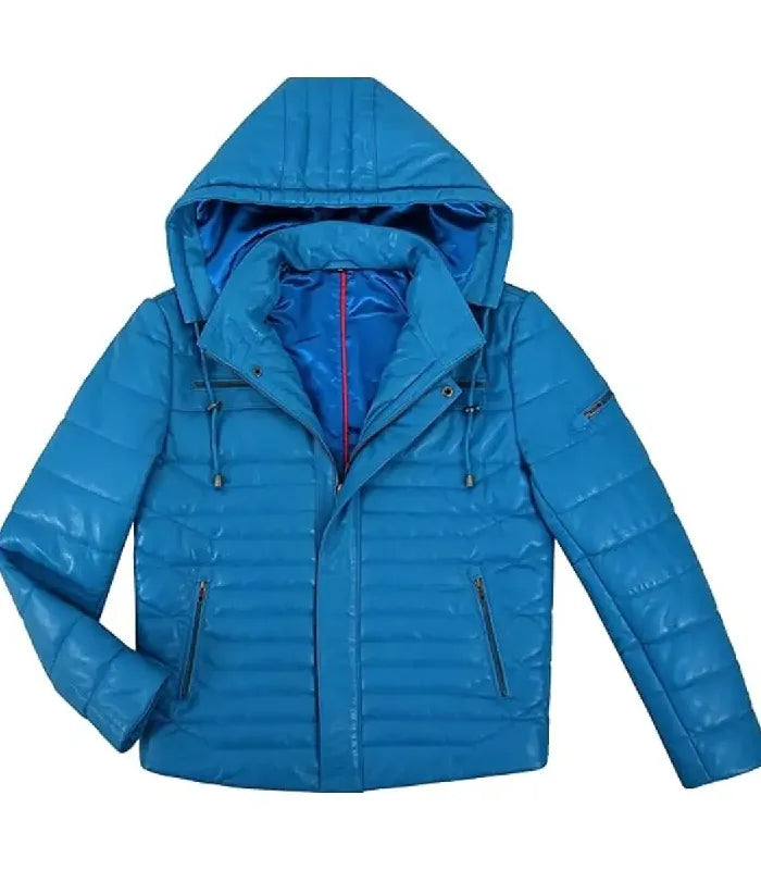 Flat front view of an open Blue Hooded Leather Puffer Jacket showing the inner lining, stand collar, drawstring hood, and zip closures.