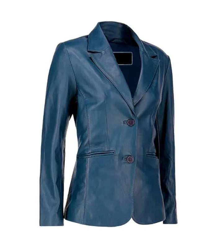 Three-quarter angle view of a Womens Blue Leather Blazer featuring classic notch lapels, a tailored silhouette, and side flap pockets.