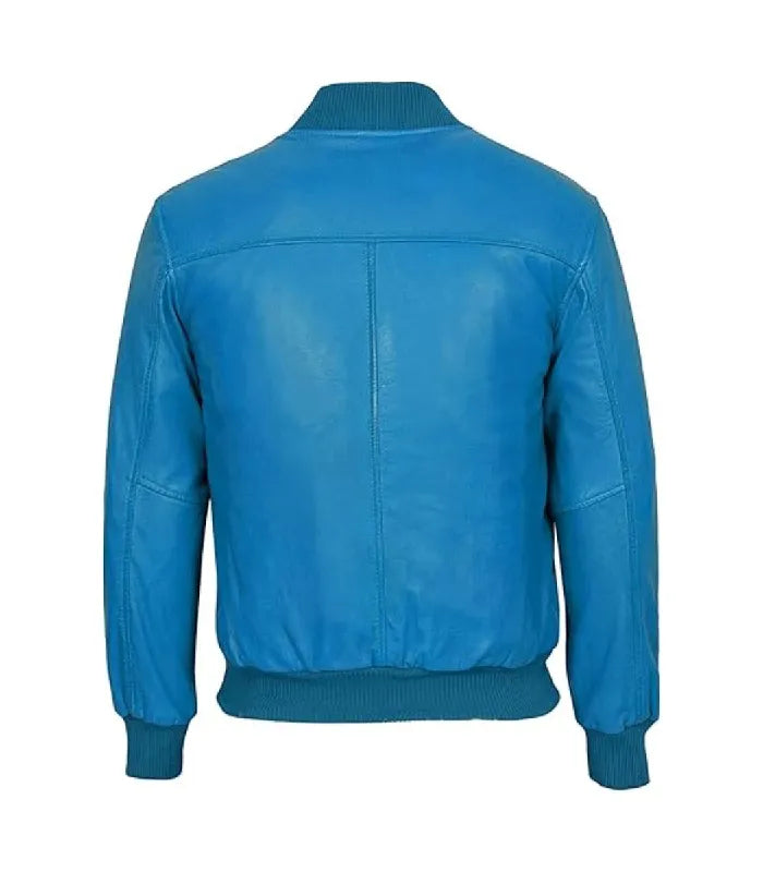 A bright blue leather jacket shown from the back, featuring a ribbed knit collar, cuffs, and hem, set against a plain white background.