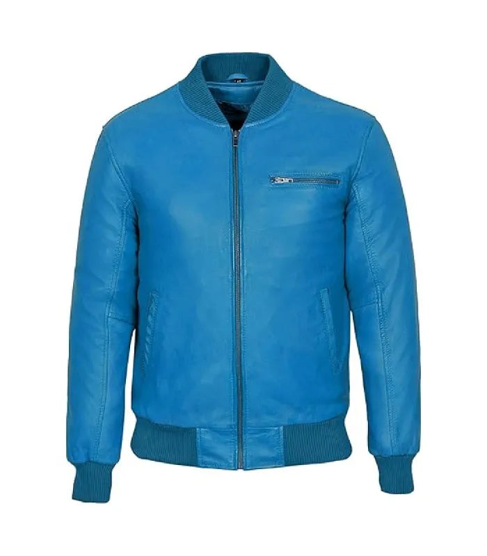 Full front view of a vibrant blue leather bomber jacket featuring a zippered chest pocket and ribbed hem.