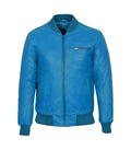 Full front view of a vibrant blue leather bomber jacket featuring a zippered chest pocket and ribbed hem.