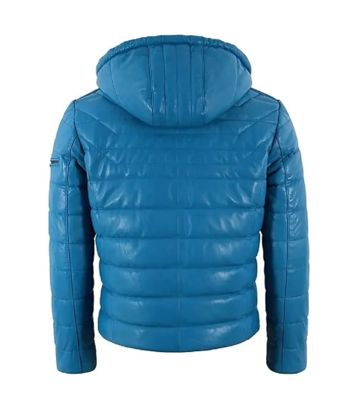 Rear view of a Blue Hooded Leather Puffer Jacket highlighting horizontal quilted panels, shoulder seam stitching, and an attached hood.