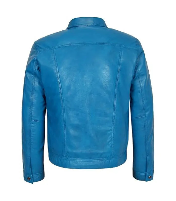 Rear perspective of a blue leather trucker jacket displaying back yoke stitching and structured panel alignment.