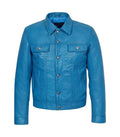 Direct front view of a blue leather trucker jacket featuring button closure placket and dual chest flap pockets.