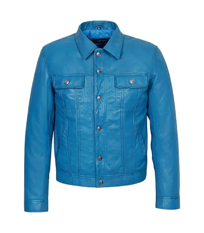 Direct front view of a blue leather trucker jacket featuring button closure placket and dual chest flap pockets.