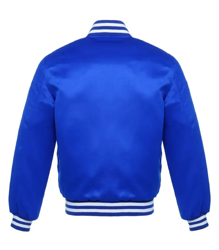 Rear view of a blue satin varsity jacket showcasing smooth satiny back finish with white striped rib-knit collar, cuffs, and hem waistband.