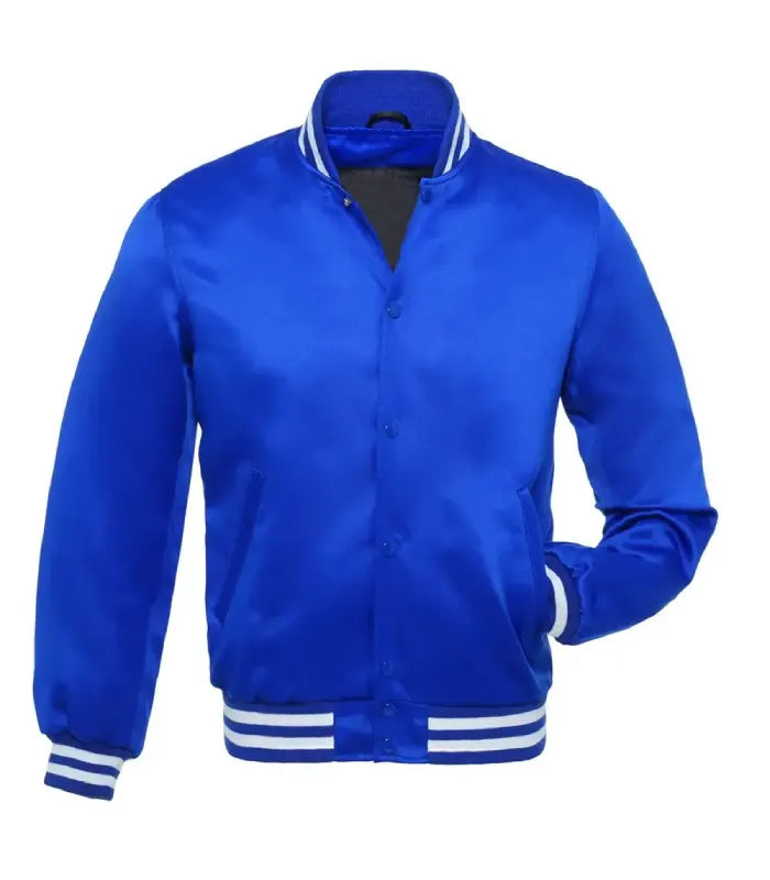 Front view of a blue satin varsity jacket featuring snap-button closure, side welt pockets, and white striped rib-knit trims.