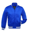 Front view of a blue satin varsity jacket featuring snap-button closure, side welt pockets, and white striped rib-knit trims.