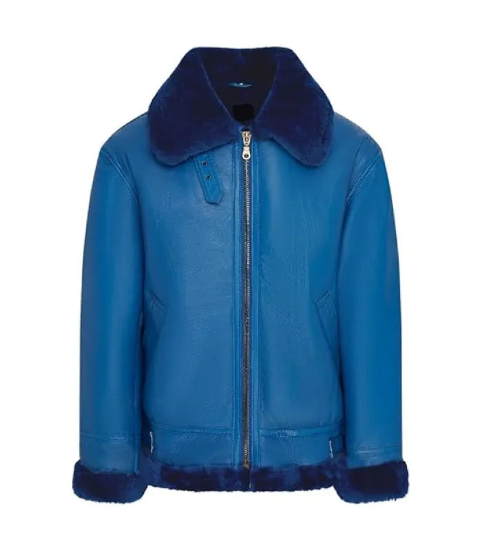 Front view of a Blue Shearling Aviator Bomber Leather Jacket showing a full zipper closure, dark blue plush shearling collar, side pockets, and shearling-trimmed cuffs and hem.