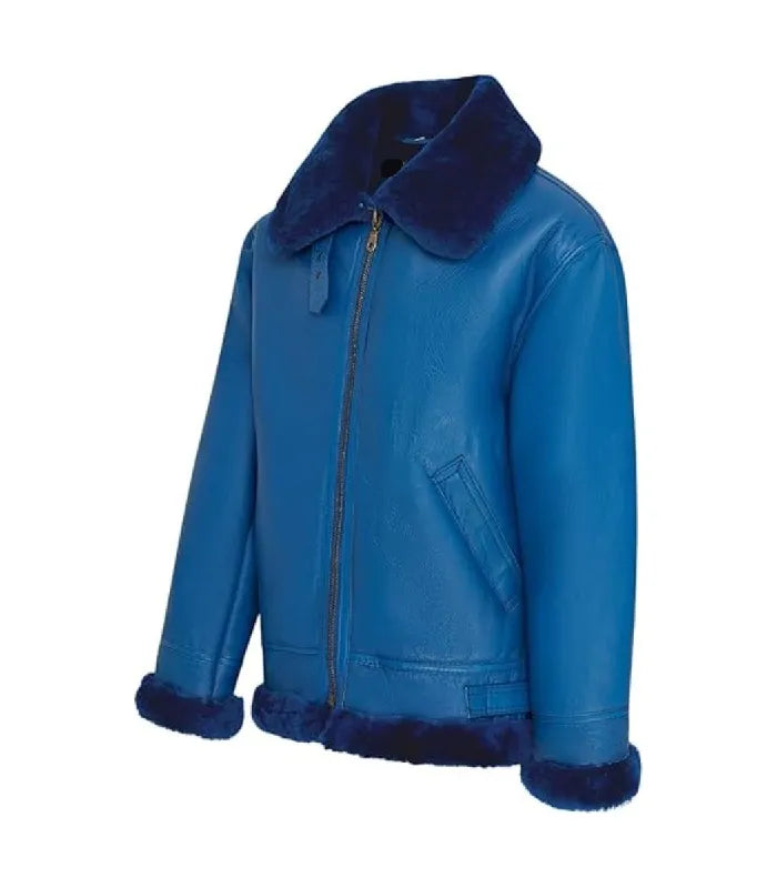 Three-quarter angle view of a Blue Shearling Aviator Bomber Leather Jacket displaying side welt pockets, plush fleece trim at the hem and cuffs, and structured leather paneling.
