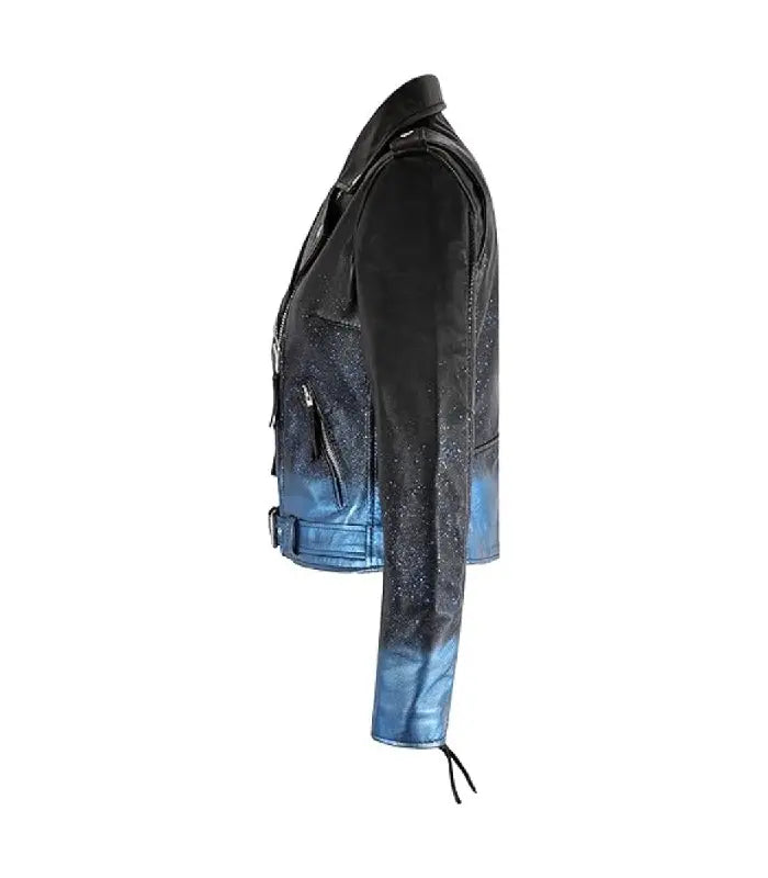Side profile of Starlight Blue Sparkle Leather Biker Jacket displaying blue ombre gradient effect and starry glitter speckles.