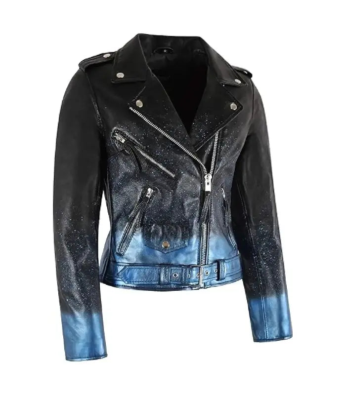 Three-quarter view of Starlight Blue Sparkle Leather Biker Jacket highlighting lapel collar, zippered pockets, and glitter treatment.
