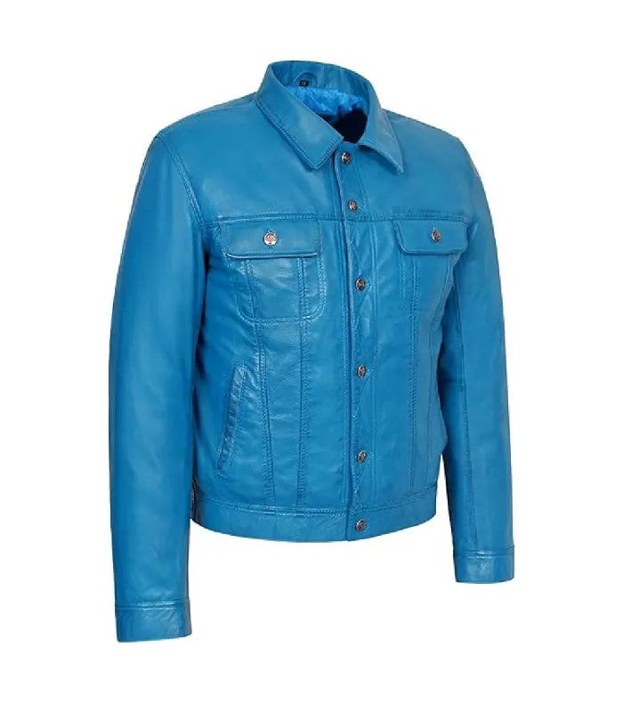 Angled front profile showcasing twin flap chest pockets, side hand pockets, and classic collar on a blue leather trucker jacket.