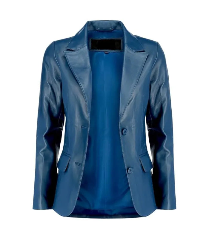 Front open view of a Womens Blue Leather Blazer revealing smooth color-matched inner viscose lining, notched collar, and flap pockets.